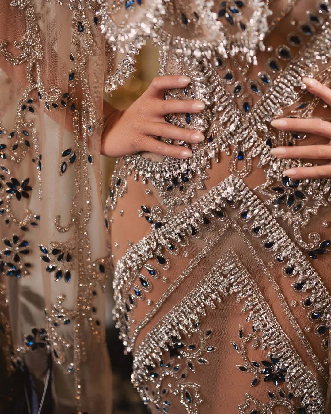 Charlotte Silver Dress with Navy Blue Stones and Feathers