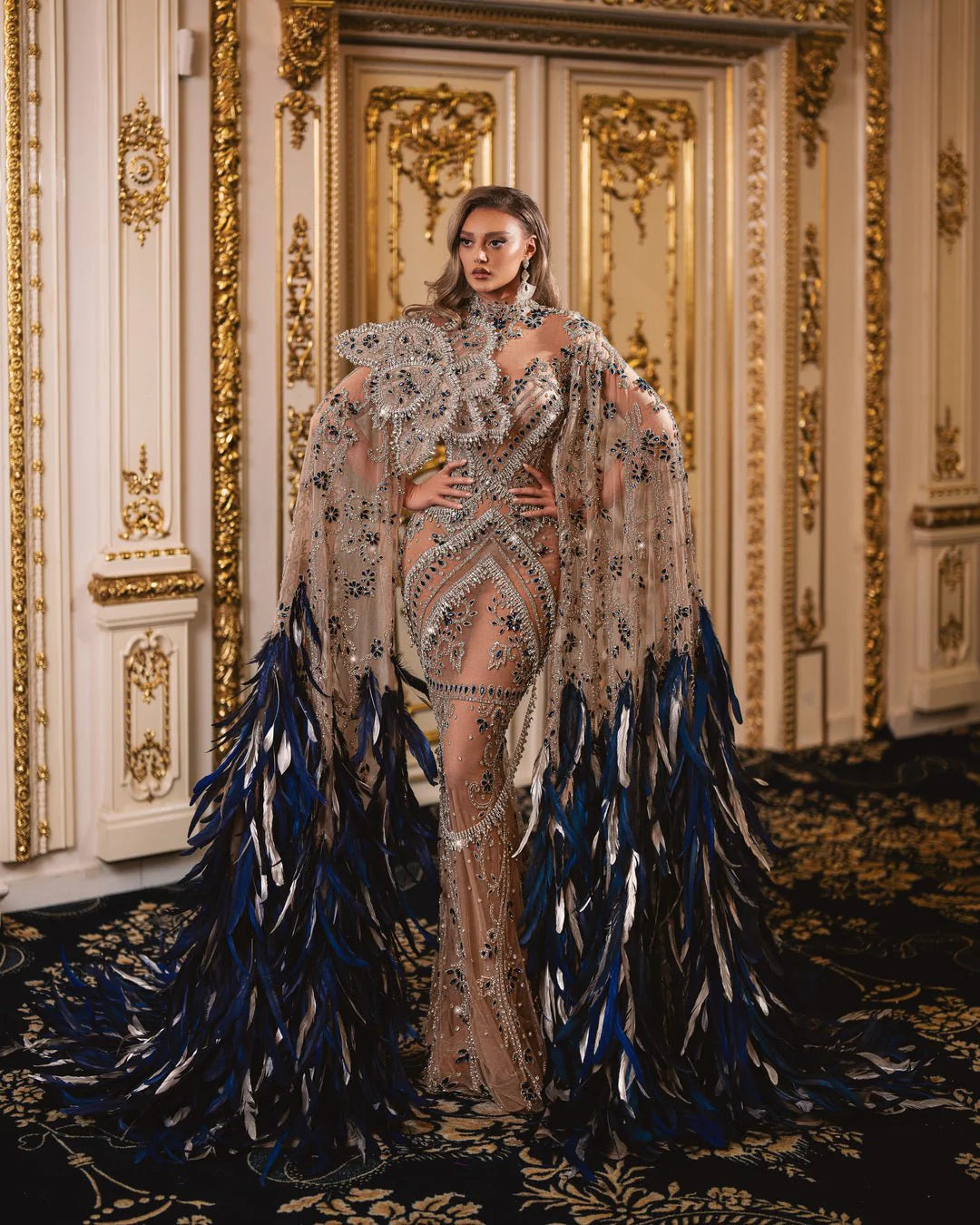 Charlotte Silver Dress with Navy Blue Stones and Feathers