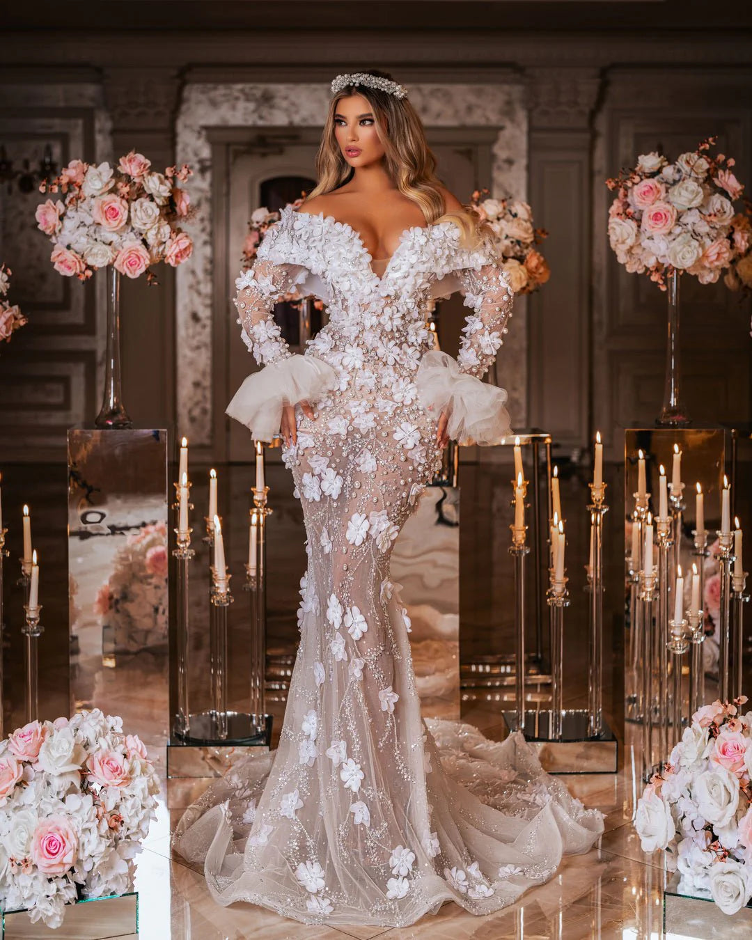 Emelie Bridal Dress with Pearls and Flowers