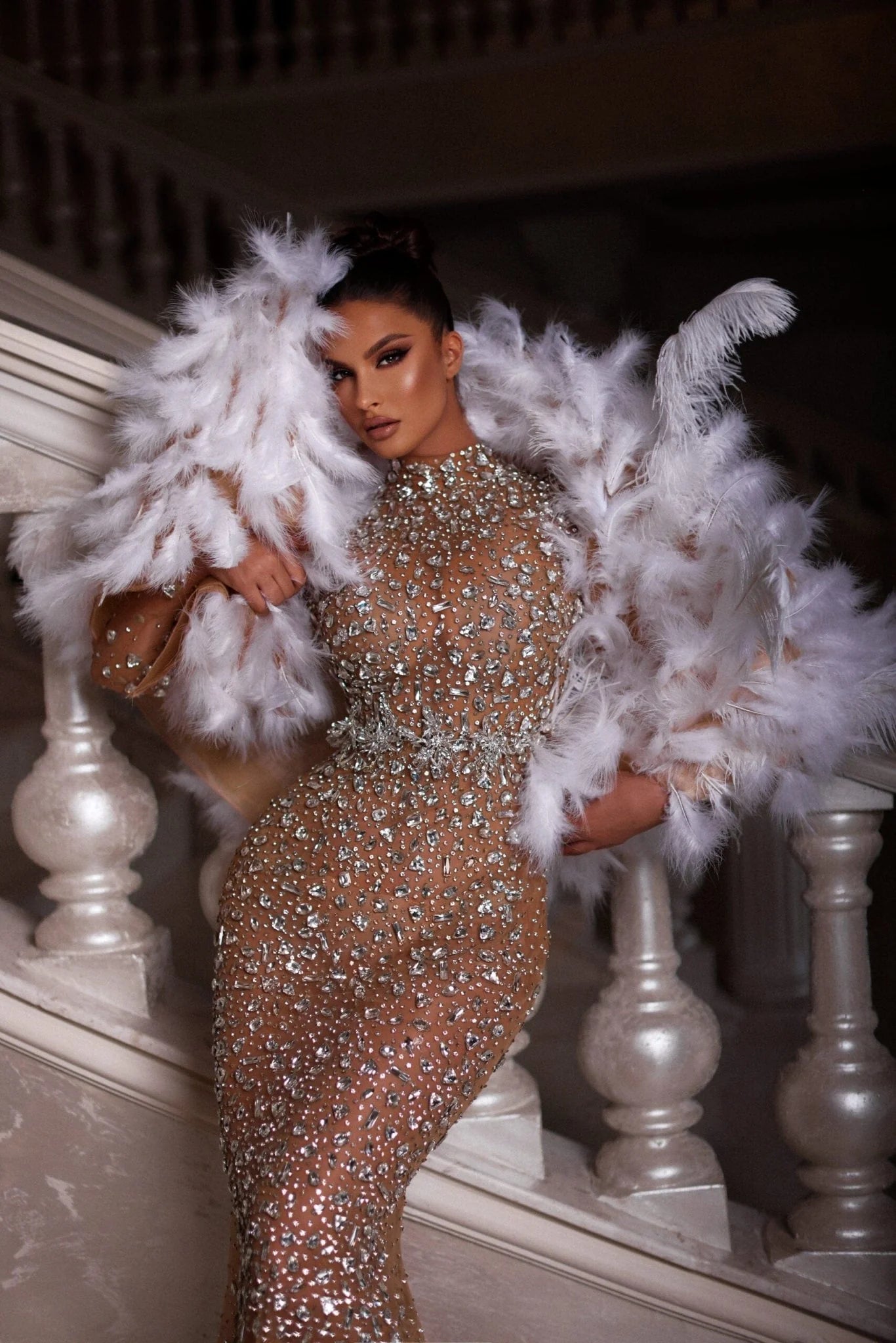 Kaona Silver Dress with Feathers
