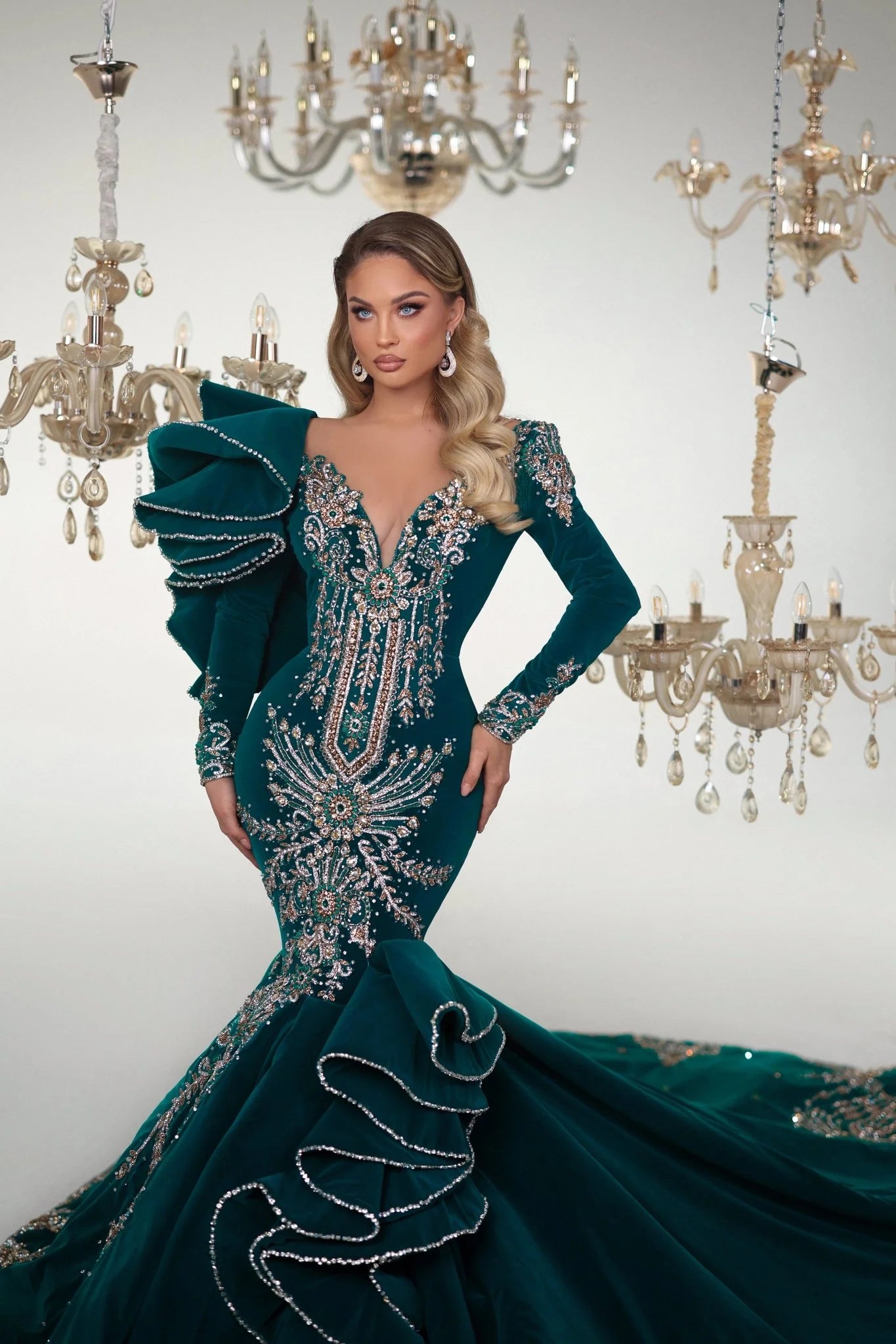 Magnificent Green Dress with Gemstone Details