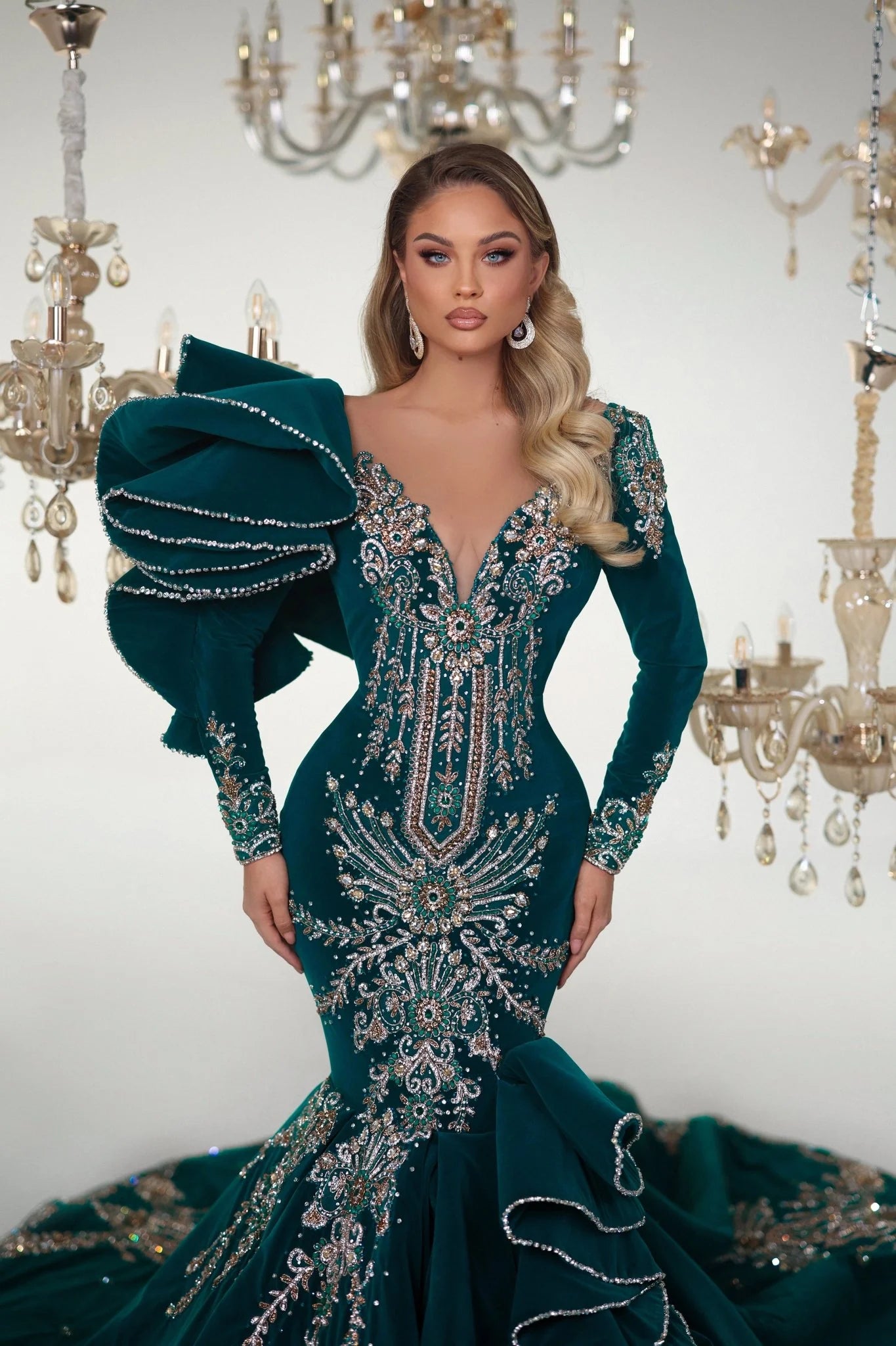 Magnificent Green Dress with Gemstone Details