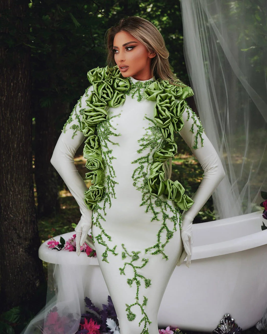 Thistle Milky Dress with Green Flowers
