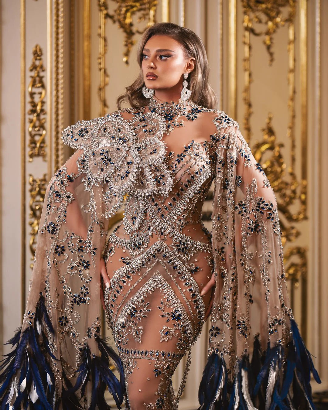 Charlotte Silver Dress with Navy Blue Stones and Feathers